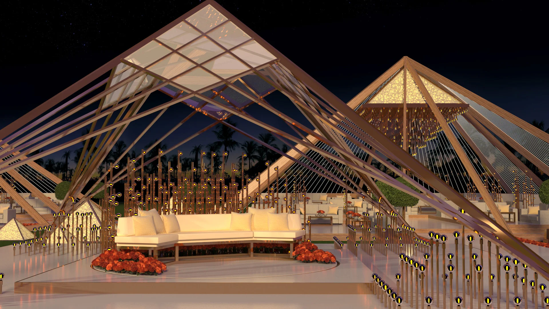Bespoke timber pyramid structures lit for an outdoor celebration